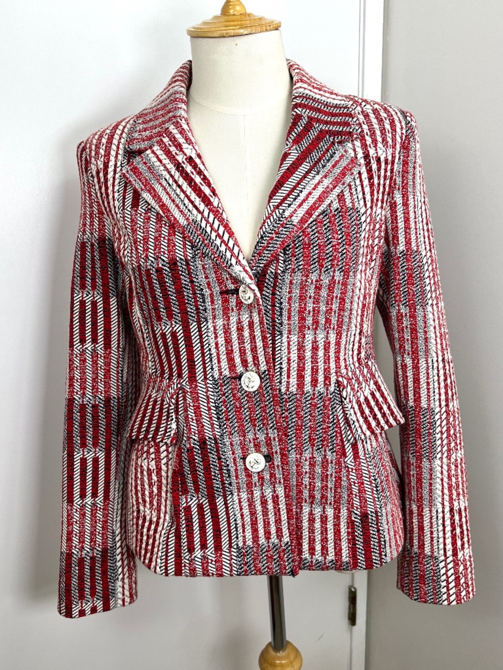 CAbi Patchwork Nautical Button Tweedy Blazer size S Red Multi Coastal Feminine